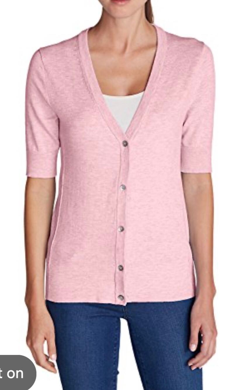 Eddie Bauer Pink Short Sleeve Cardigan Sweater Womens Large V-Neck Button Front